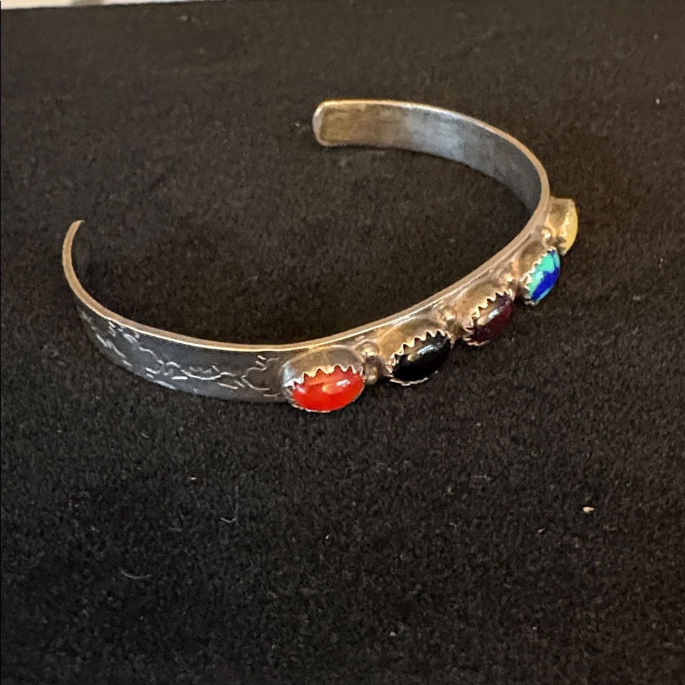 Native American Herman Smith Sterling Silver  Multi  Stone Cuff Bracelet - Picture 6 of 10